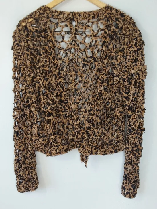 Chico's Boho Chic Silk Animal Print Open Crochet Cropped Tie Front Cardigan - Picture 5 of 6